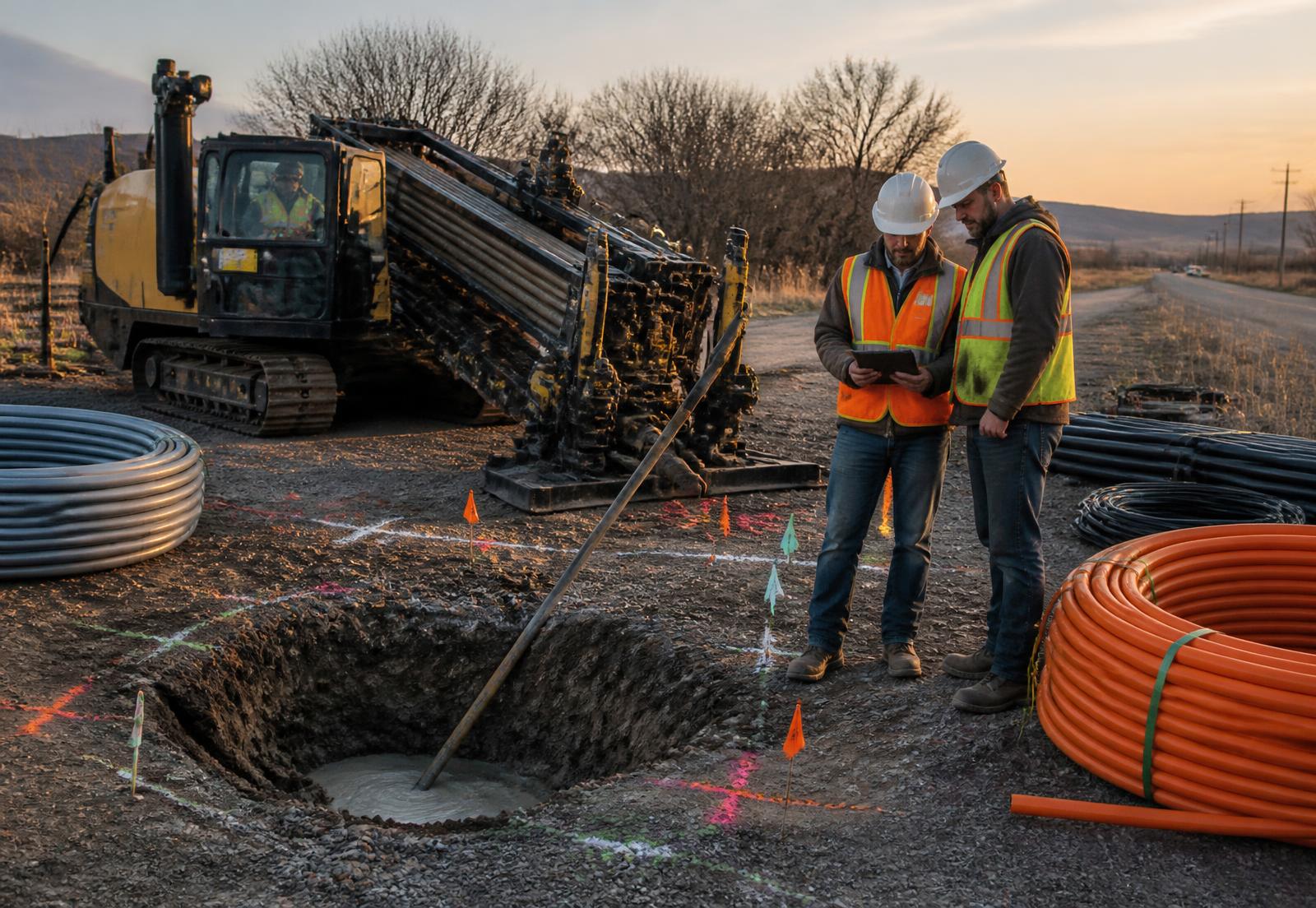 A directional drill rig and crew reviewing a bore plan beside an open bore pit marked with utility locate flags